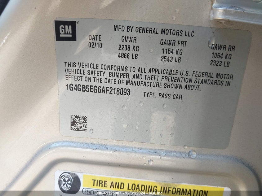 2010 BUICK LACROSSE VIN: 1G4GB5EG6AF218093