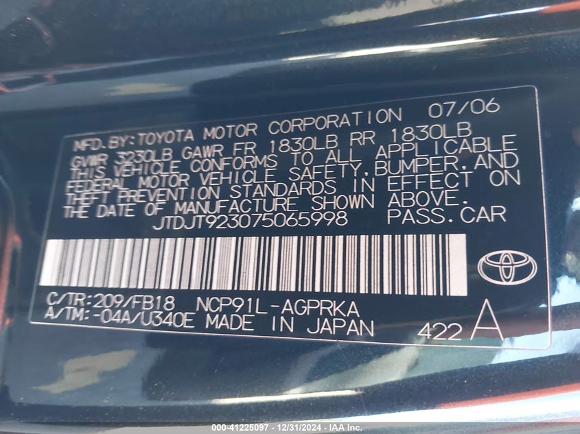 2007 TOYOTA YARIS VIN: JTDJT923075065998