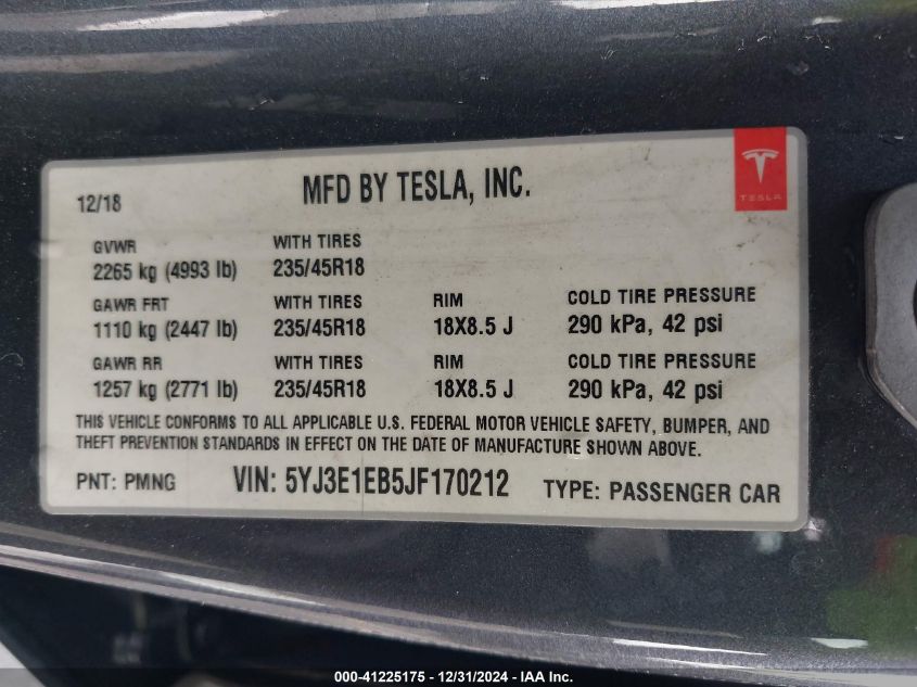 VIN 5YJ3E1EB5JF170212 2018 TESLA MODEL 3 no.9