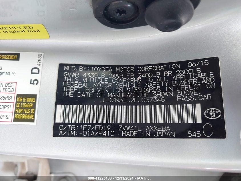 2015 TOYOTA PRIUS V VIN: JTDZN3EU2FJ037348