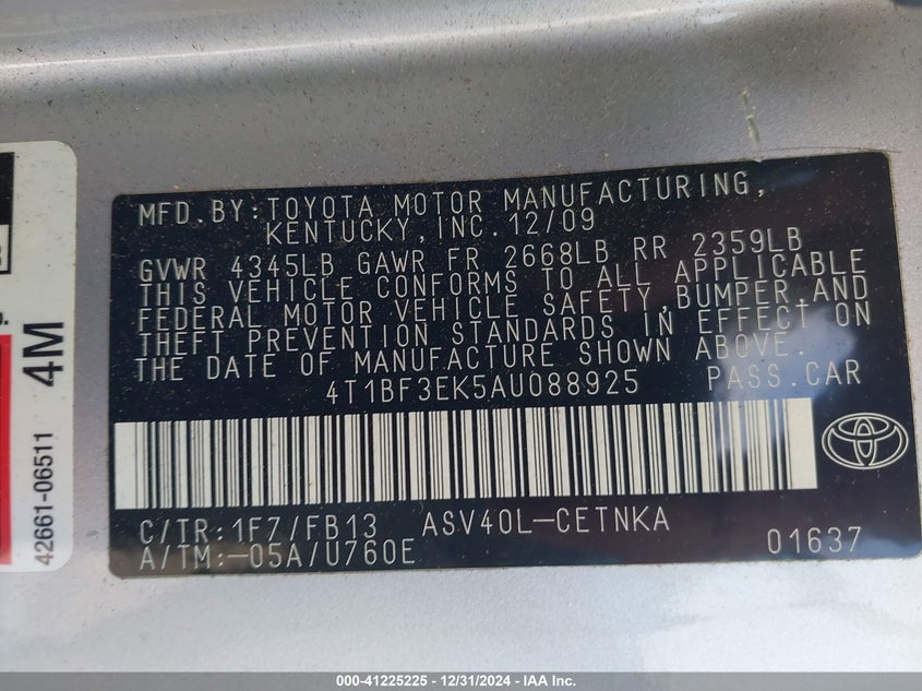2010 TOYOTA CAMRY VIN: 4T1BF3EK5AU088925