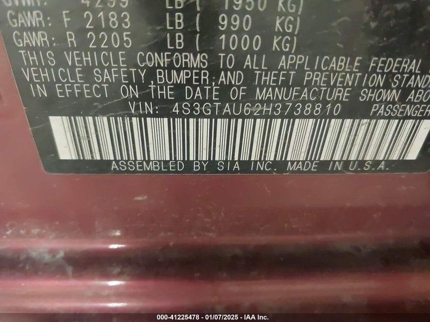 2017 SUBARU IMPREZA VIN: 4S3GTAU62H3738810