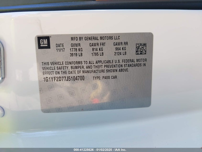 2018 CHEVROLET CORVETTE VIN: 1G1YF2D77J5104700