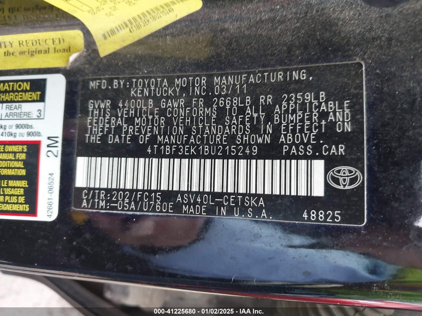 2011 TOYOTA CAMRY VIN: 4T1BF3EK1BU215249