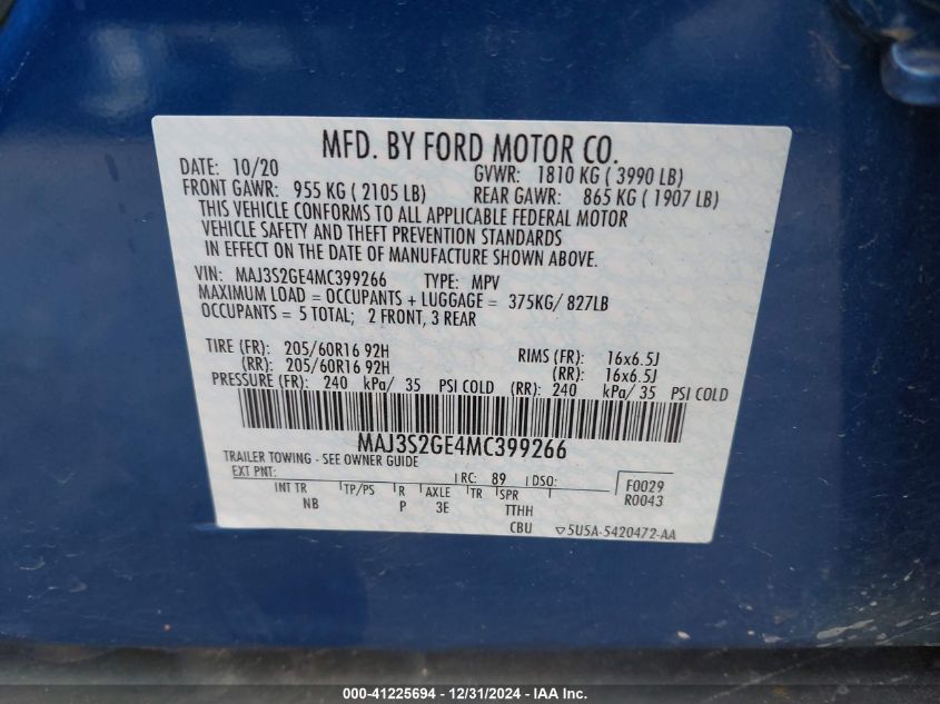 2021 Ford Ecosport Se VIN: MAJ3S2GE4MC399266 Lot: 41225694