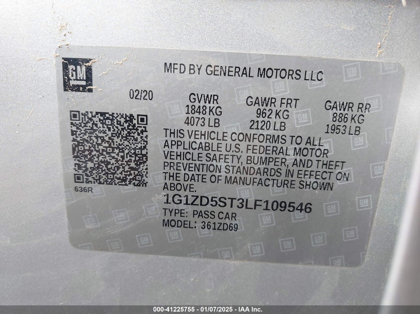 2020 CHEVROLET MALIBU VIN: 1G1ZD5ST3LF109546