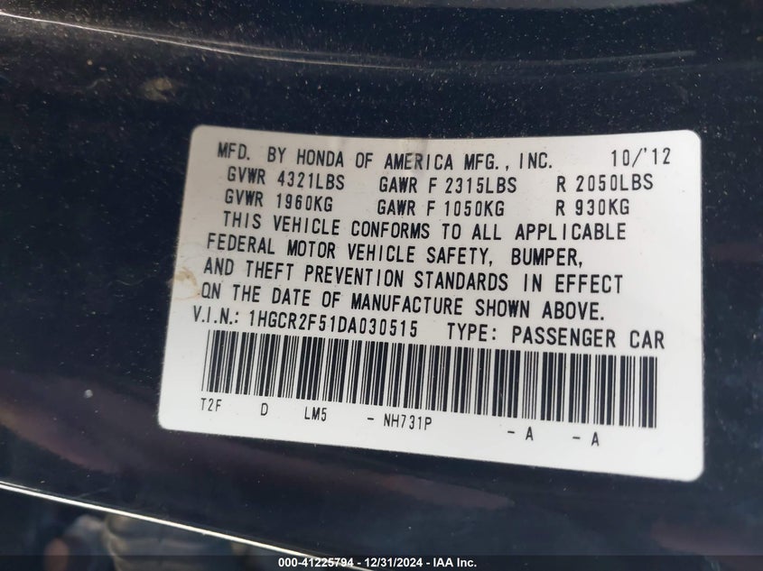 2013 HONDA ACCORD VIN: 1HGCR2F51DA030515