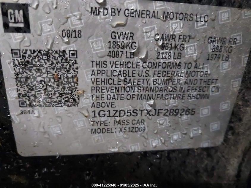 2018 CHEVROLET MALIBU VIN: 1G1ZD5STXJF289265