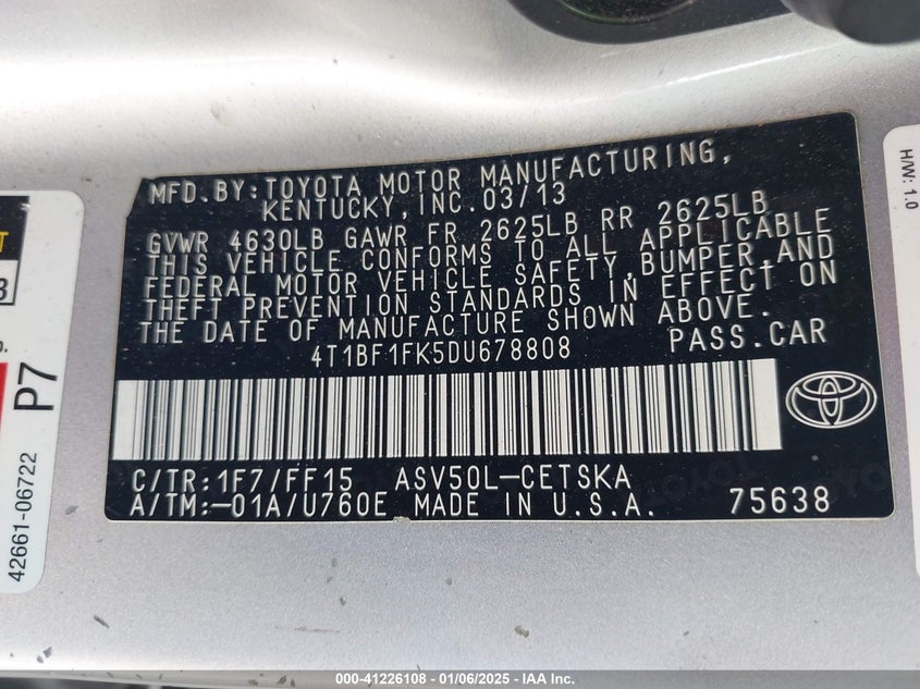2013 TOYOTA CAMRY VIN: 4T1BF1FK5DU678808