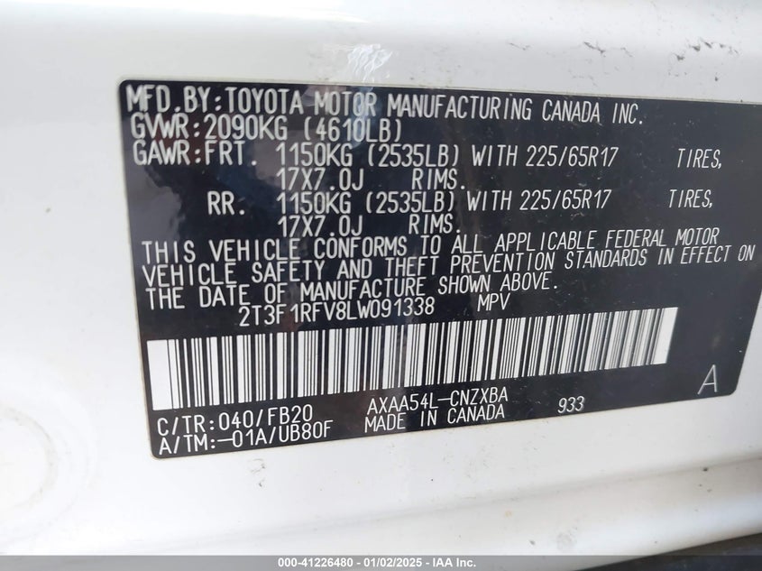2020 TOYOTA RAV4 LE - 2T3F1RFV8LW091338