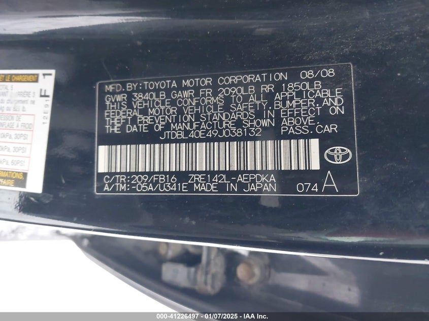 2009 TOYOTA COROLLA VIN: JTDBL40E49J038132