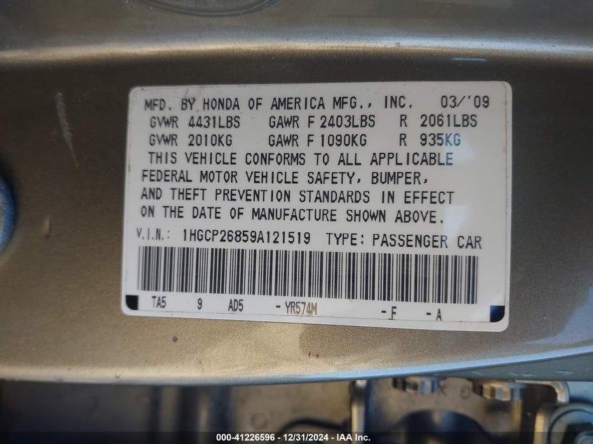2009 HONDA ACCORD VIN: 1HGCP26859A121519