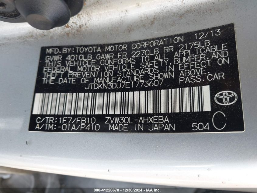 VIN JTDKN3DU7E1773607 2014 TOYOTA PRIUS no.9