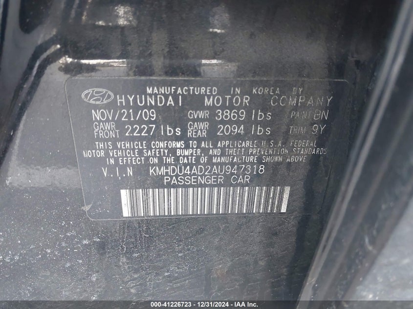 2010 HYUNDAI ELANTRA VIN: KMHDU4AD2AU947318