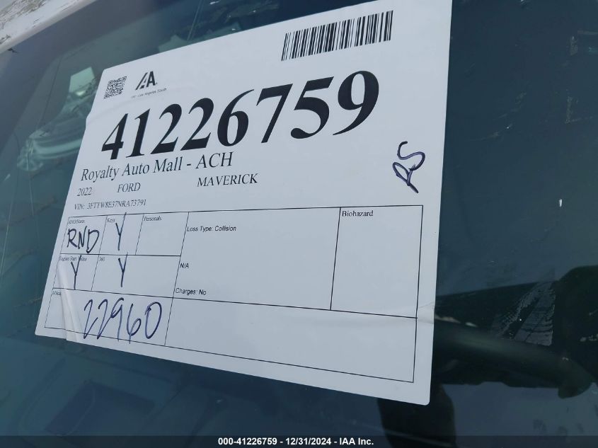 2022 Ford Maverick Xl VIN: 3FTTW8E37NRA73791 Lot: 41226759