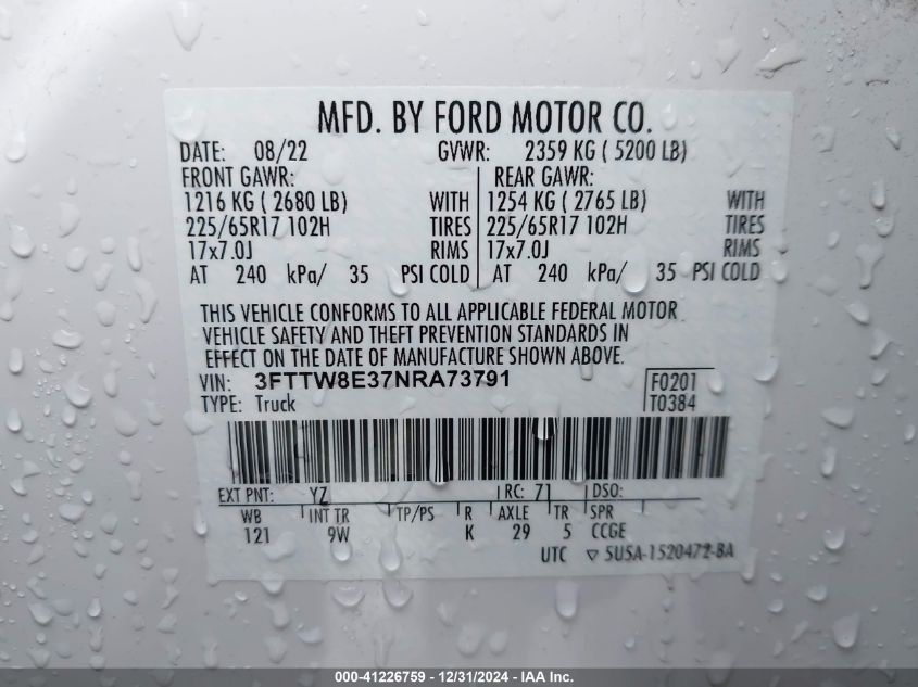 2022 Ford Maverick Xl VIN: 3FTTW8E37NRA73791 Lot: 41226759