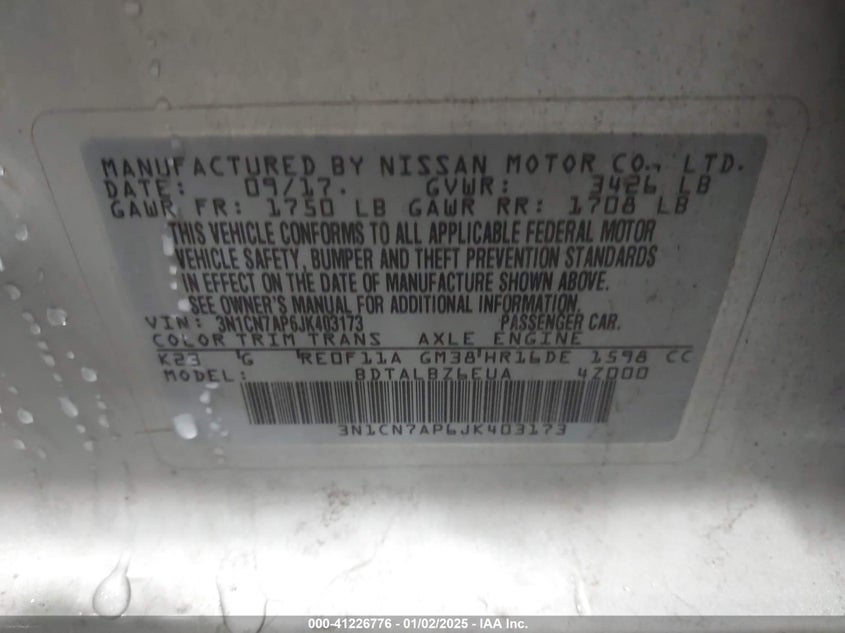 2018 NISSAN VERSA VIN: 3N1CN7AP6JK403173