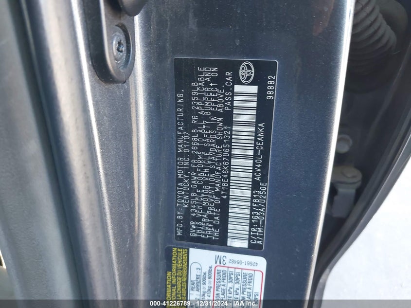 2007 TOYOTA CAMRY VIN: 4T1BE46K67U651321