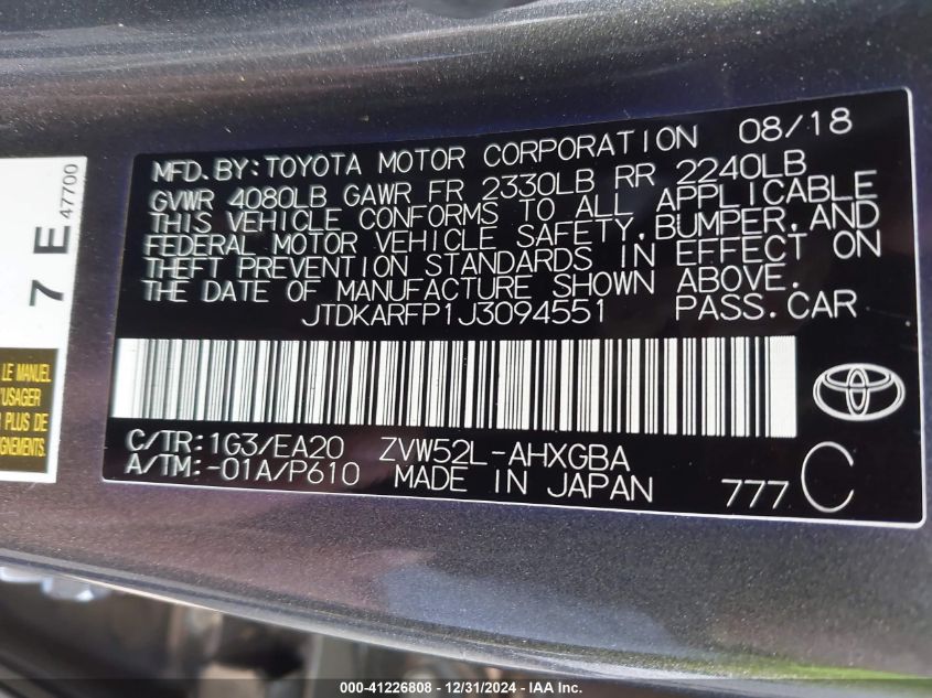 VIN JTDKARFP1J3094551 2018 TOYOTA PRIUS PRIME no.9