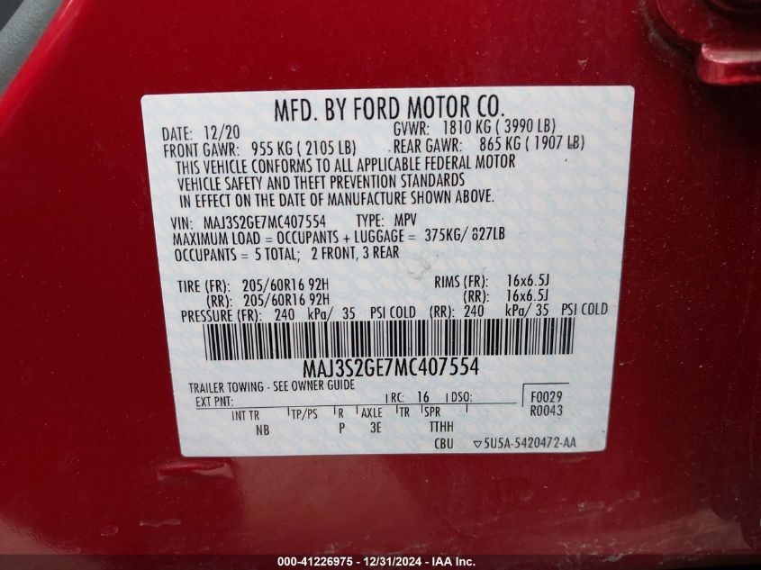 2021 Ford Ecosport Se VIN: MAJ3S2GE7MC407554 Lot: 41226975