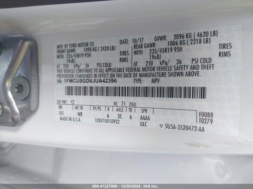 VIN 1FMCU0GD6JUA42396 2018 FORD ESCAPE SE