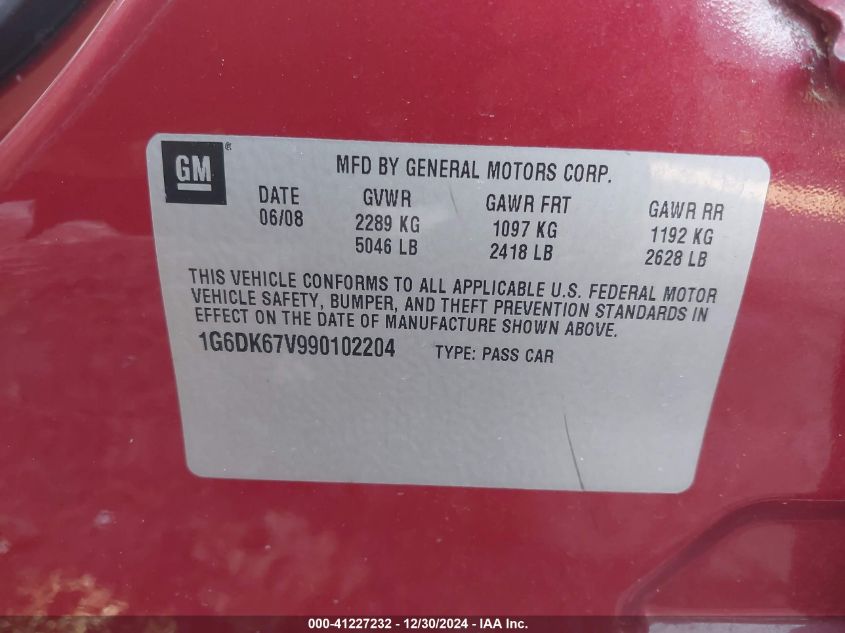2009 Cadillac Sts V6 VIN: 1G6DK67V990102204 Lot: 41227232