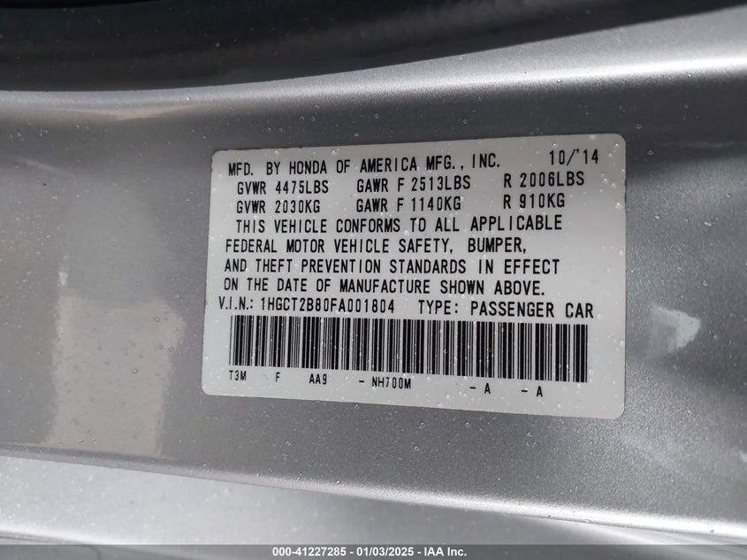 2015 HONDA ACCORD VIN: 1HGCT2B80FA001804
