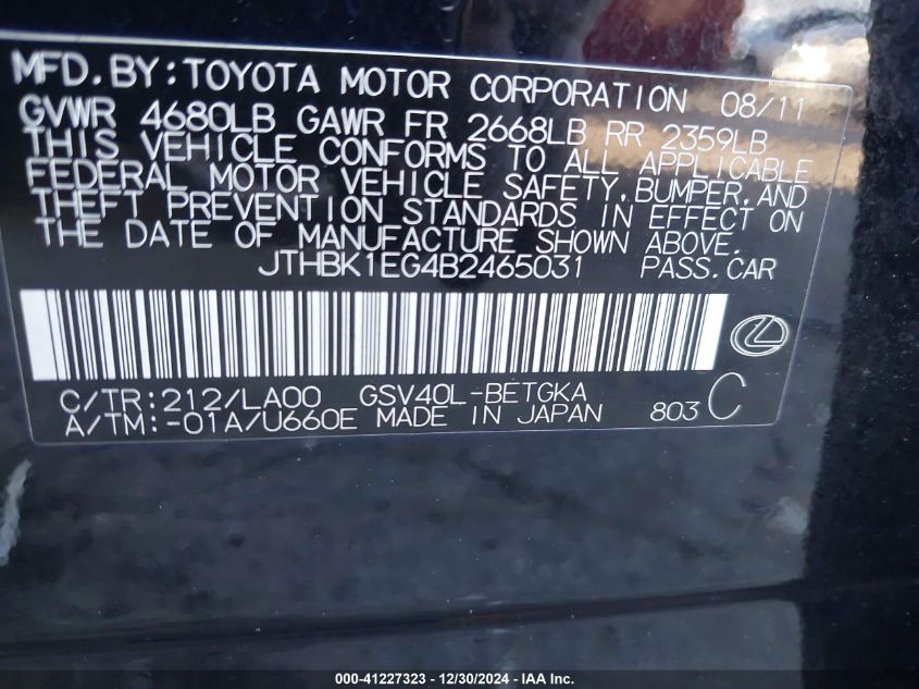 2011 Lexus Es 350 VIN: JTHBK1EG4B2465031 Lot: 41227323