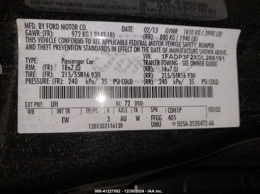 VIN 1FADP3F2XDL266191 2013 FORD FOCUS no.9