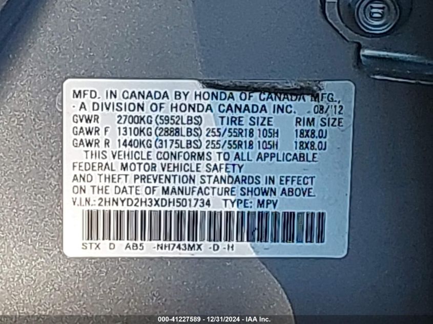 VIN 2HNYD2H3XDH501734 2013 ACURA MDX no.9