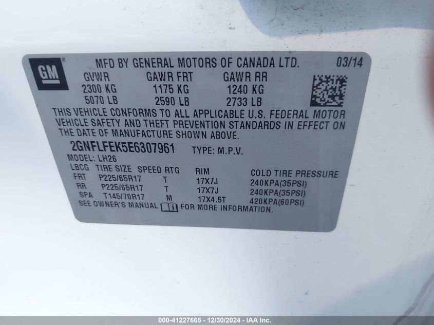 VIN 2GNFLFEK5E6307961 2014 Chevrolet Equinox, 1LT no.9