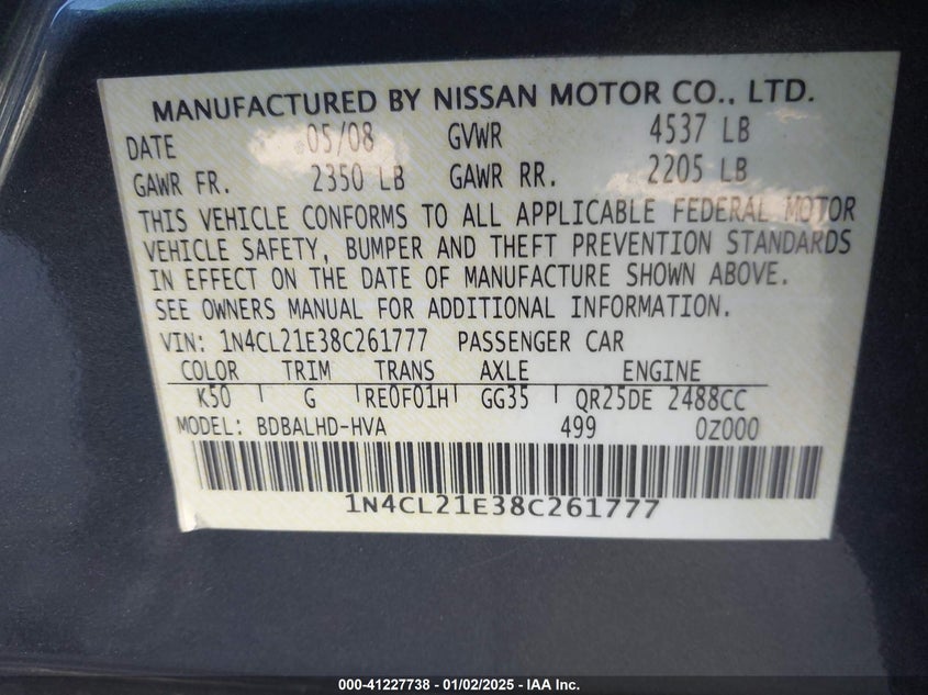 2008 NISSAN ALTIMA VIN: 1N4CL21E38C261777