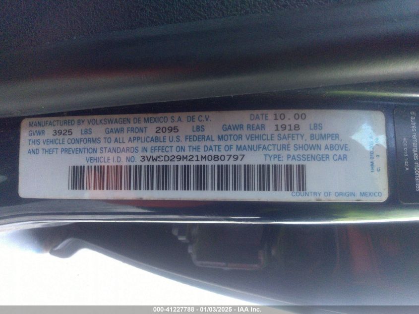 2001 Volkswagen Jetta Gls VIN: 3VWSD29M21M080797 Lot: 41227788