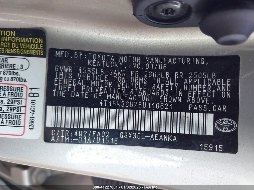 2006 TOYOTA AVALON VIN: 4T1BK36B76U110621