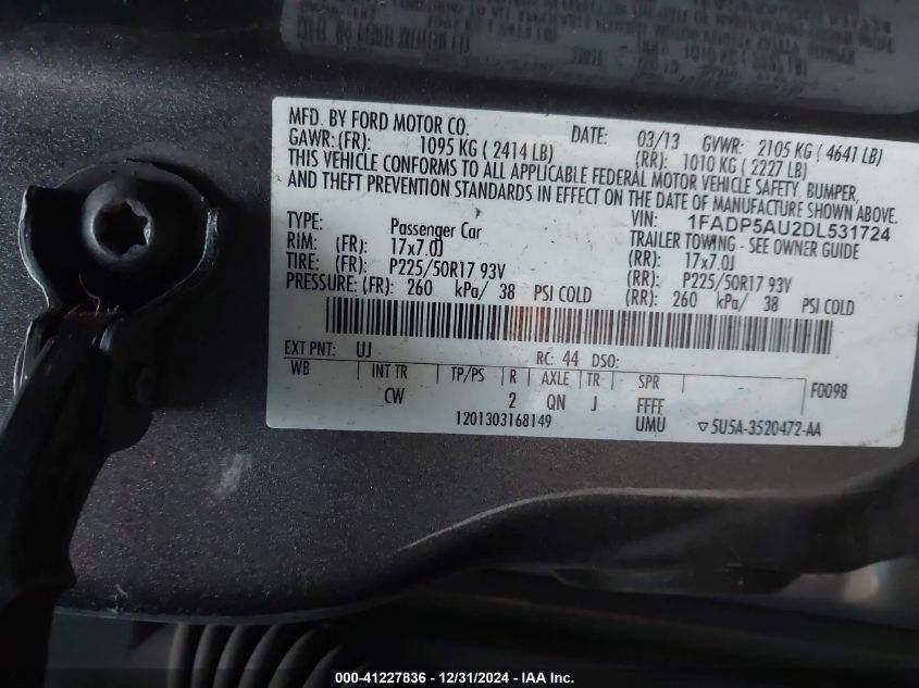 2013 Ford C-Max Hybrid Se VIN: 1FADP5AU2DL531724 Lot: 41227836