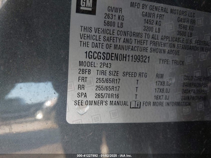 2017 CHEVROLET COLORADO VIN: 1GCGSDEN0H1199321