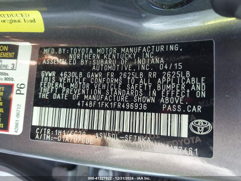 VIN 4T4BF1FK1FR496936 2015 TOYOTA CAMRY no.9