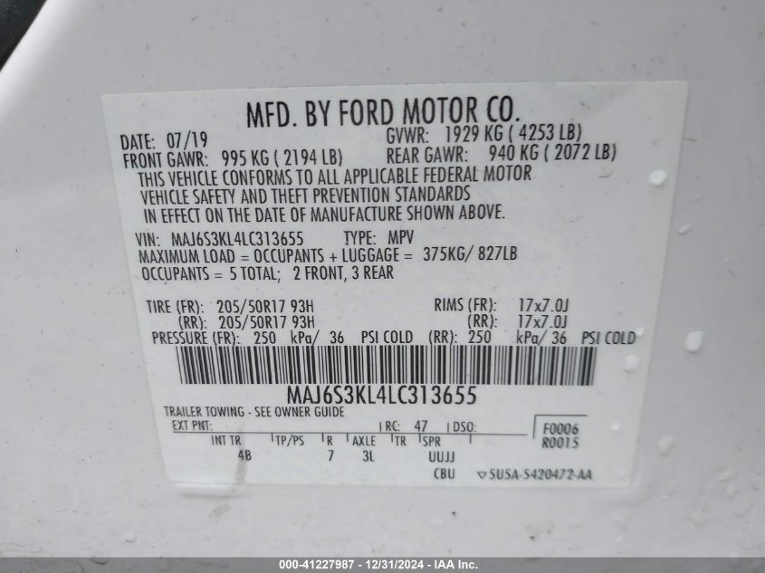 2020 Ford Ecosport Titanium VIN: MAJ6S3KL4LC313655 Lot: 41227987