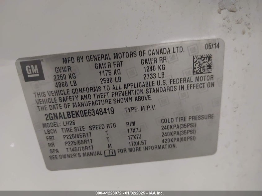 2014 CHEVROLET EQUINOX VIN: 2GNALBEK0E6348419