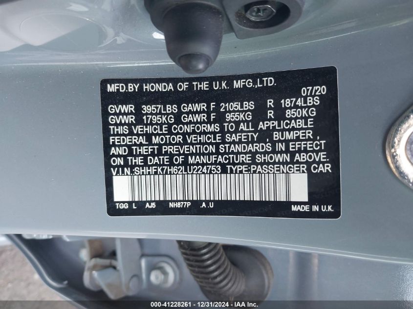 VIN SHHFK7H62LU224753 2020 Honda Civic, EX no.9