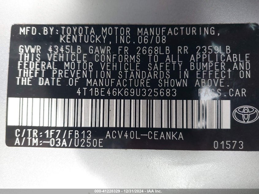 2009 TOYOTA CAMRY VIN: 4T1BE46K69U325683