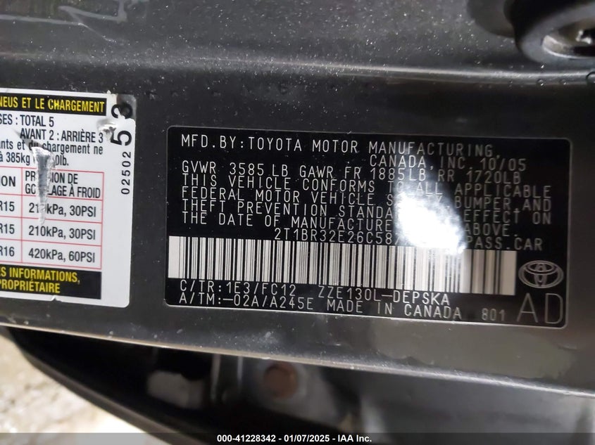 2006 TOYOTA COROLLA VIN: 2T1BR32E26C587731
