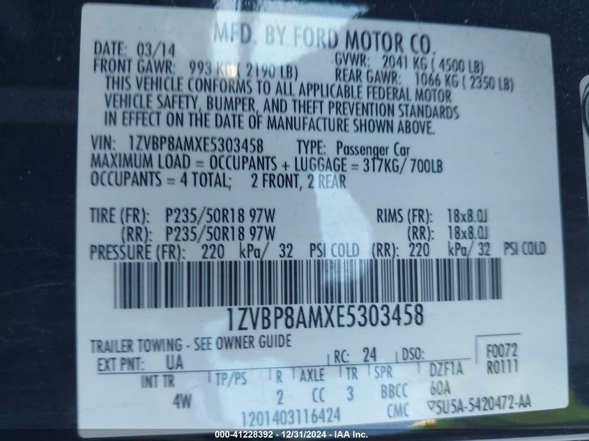 2014 Ford Mustang V6 Premium VIN: 1ZVBP8AMXE5303458 Lot: 41228392