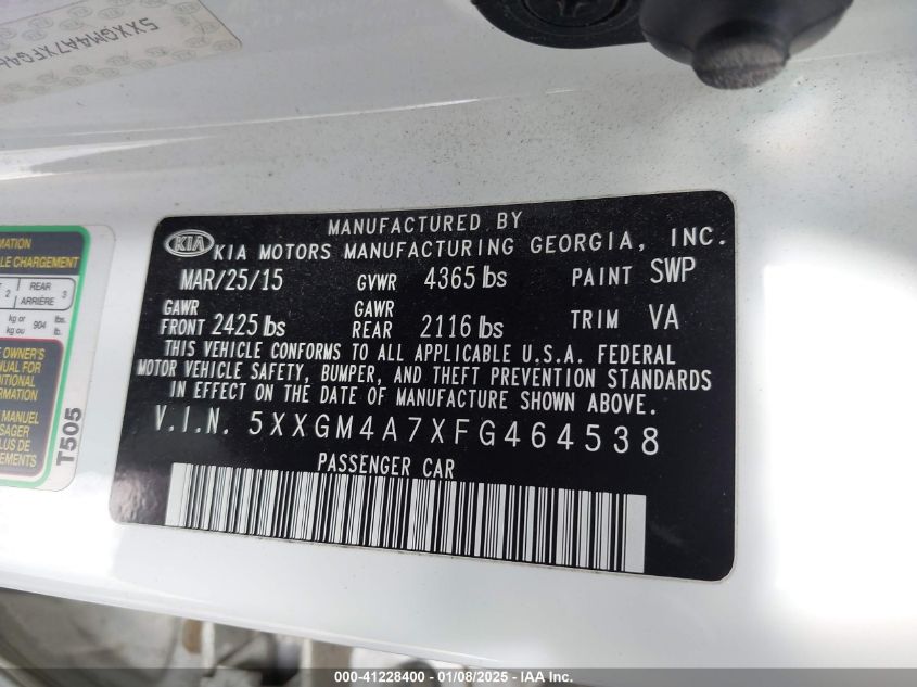 VIN 5XXGM4A7XFG464538 2015 KIA Optima, LX no.9