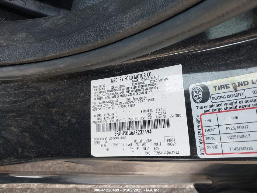 2010 FORD FUSION VIN: 3FAHP0JG6AR233494