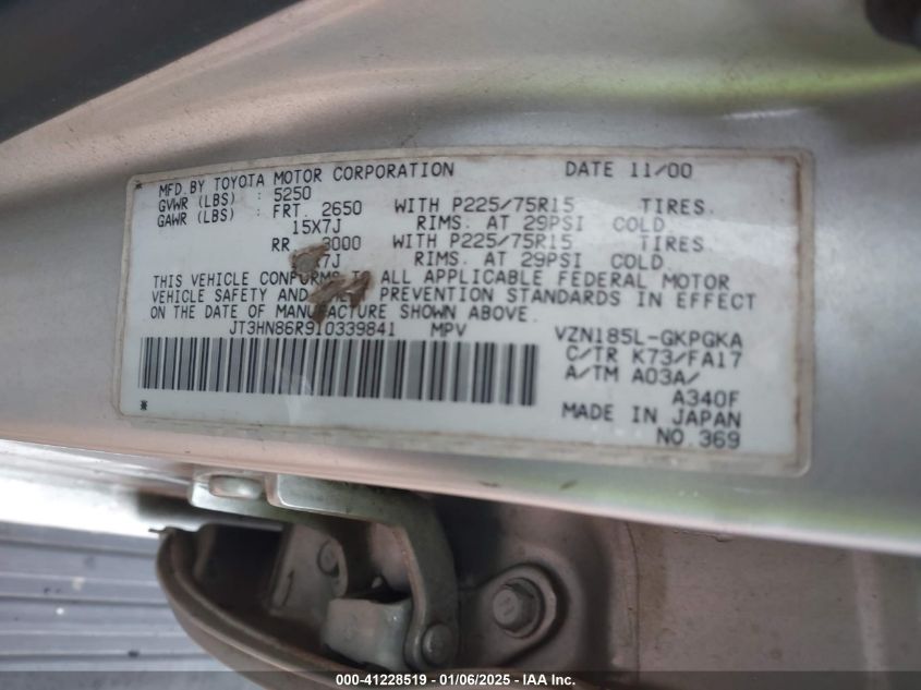 2001 Toyota 4Runner Sr5 V6 VIN: JT3HN86R910339841 Lot: 41228519