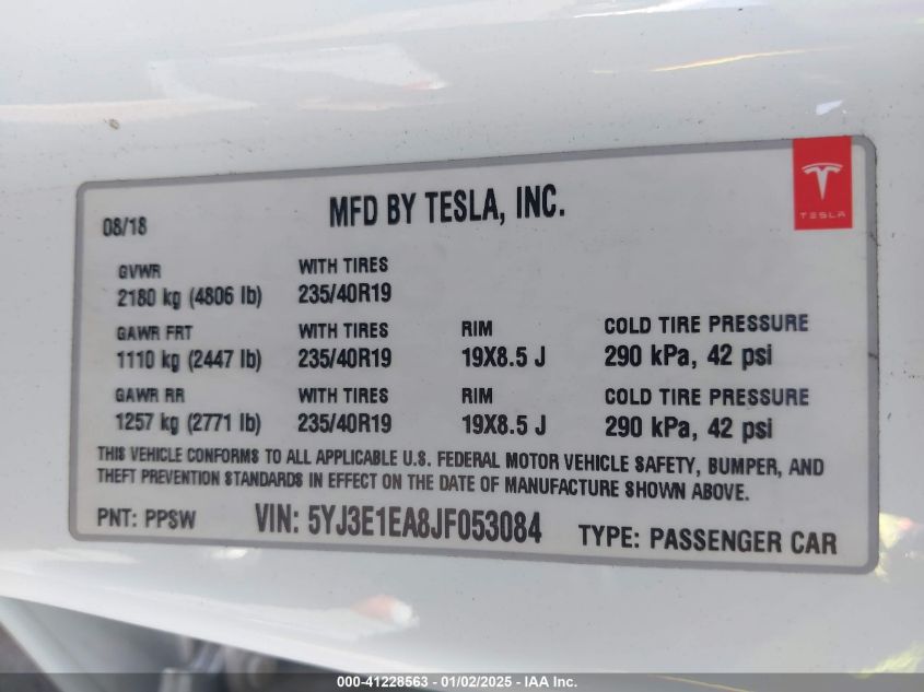 VIN 5YJ3E1EA8JF053084 2018 TESLA MODEL 3 no.9