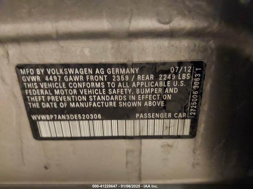 2013 VOLKSWAGEN CC VIN: WVWBP7AN3DE520306