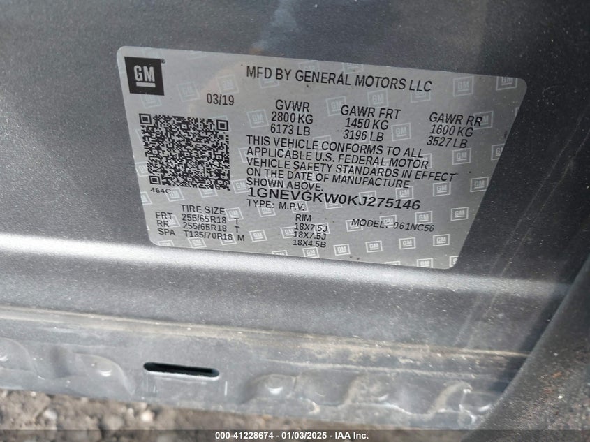 2019 CHEVROLET TRAVERSE 1LT - 1GNEVGKW0KJ275146