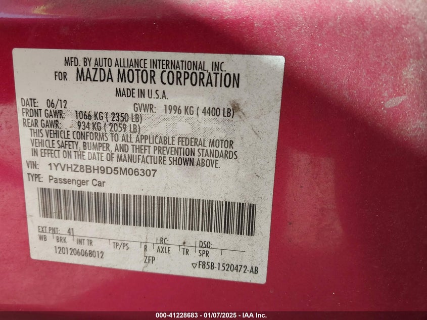 2013 MAZDA 6 VIN: 1YVHZ8BH9D5M06307